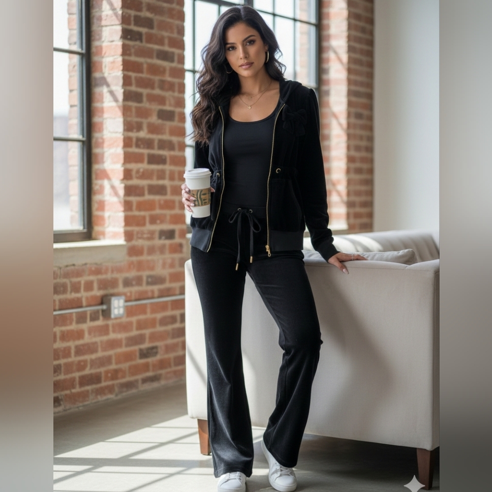 Juicy Couture Black Velour Tracksuit Set - XL - Bow Detail Y2K - Picture 9 of 9